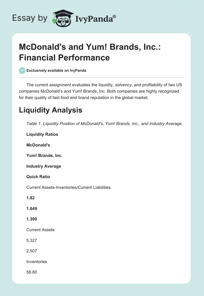 McDonald's and Yum! Brands, Inc.: Financial Performance. Page 1