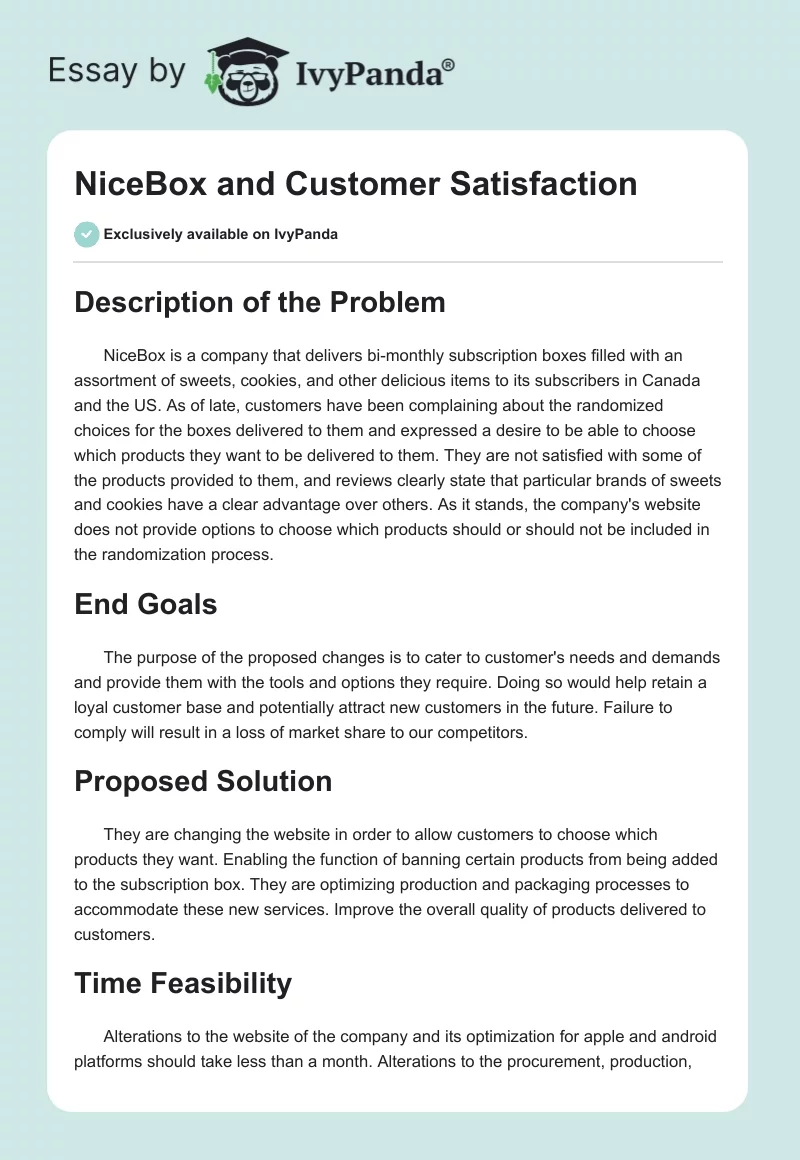 NiceBox and Customer Satisfaction. Page 1