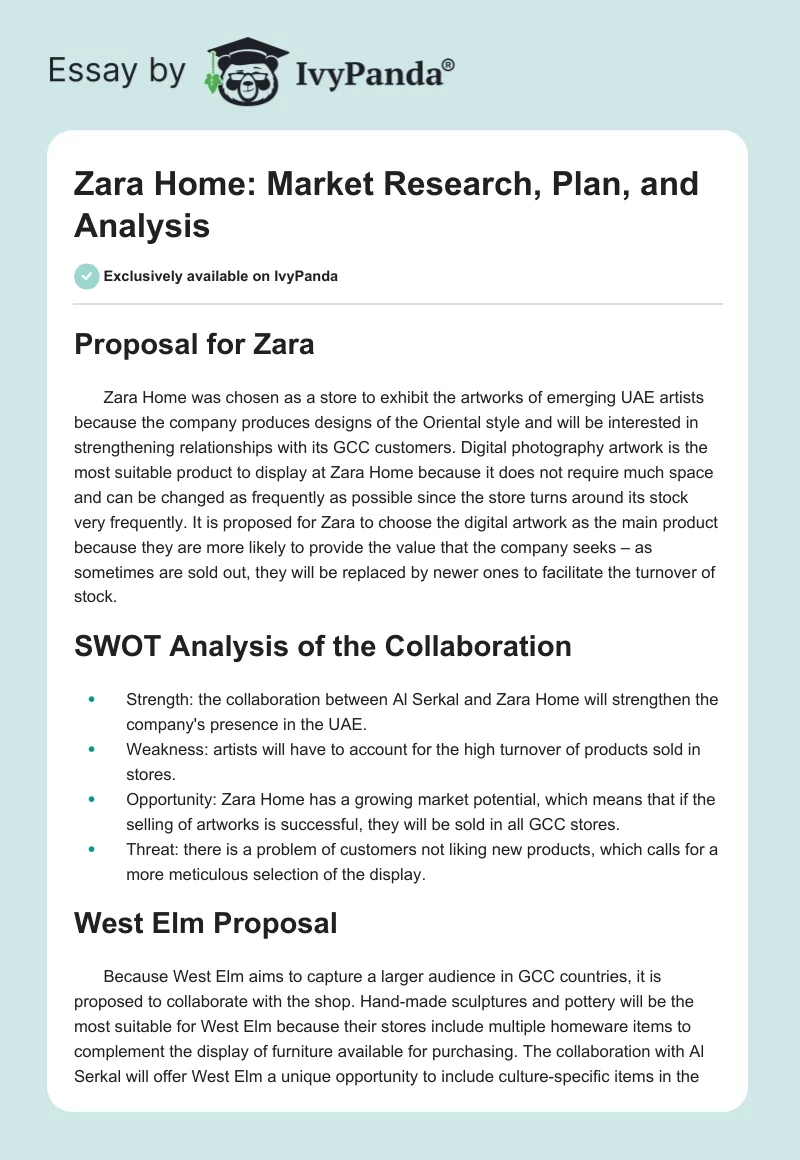 Zara Home: Market Research, Plan, and Analysis. Page 1