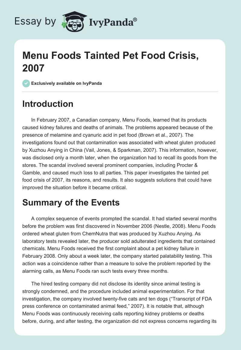 Menu Foods Tainted Pet Food Crisis, 2007. Page 1