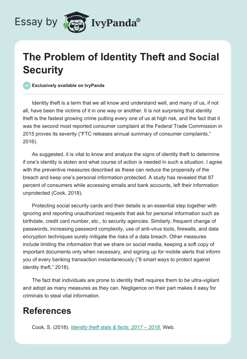The Problem of Identity Theft and Social Security. Page 1