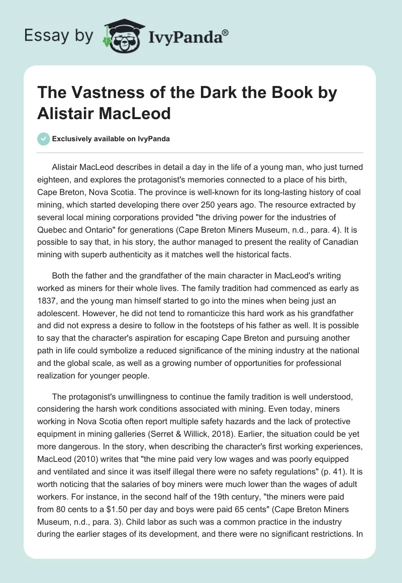 "The Vastness of the Dark" the Book by Alistair MacLeod. Page 1