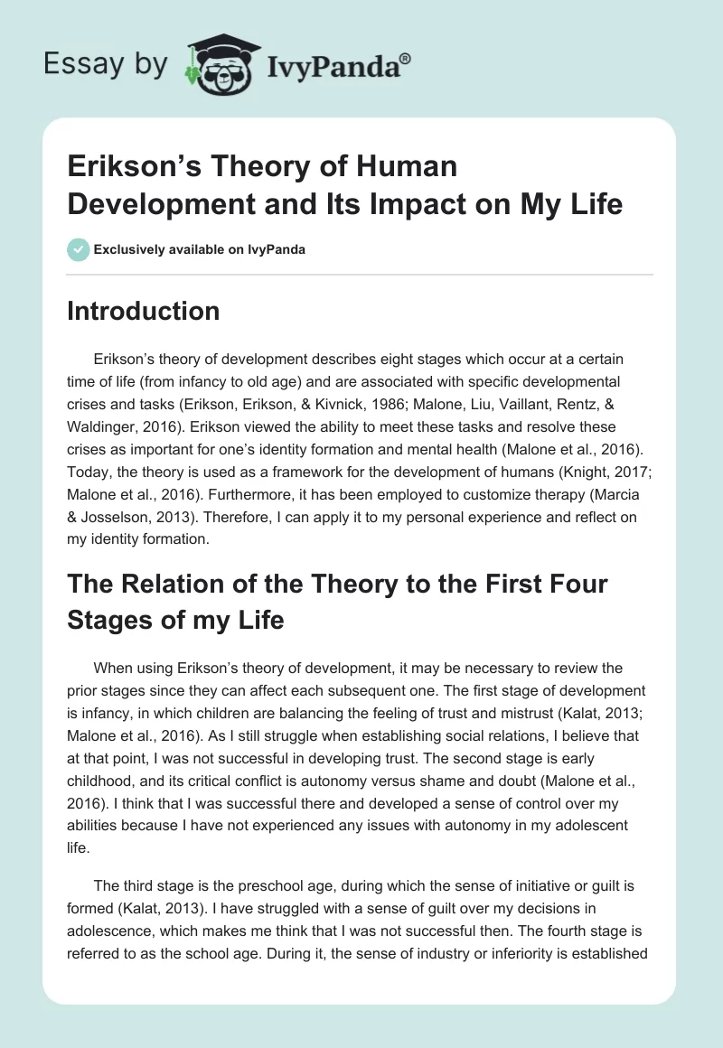 Erikson’s Theory of Human Development and Its Impact on My Life. Page 1