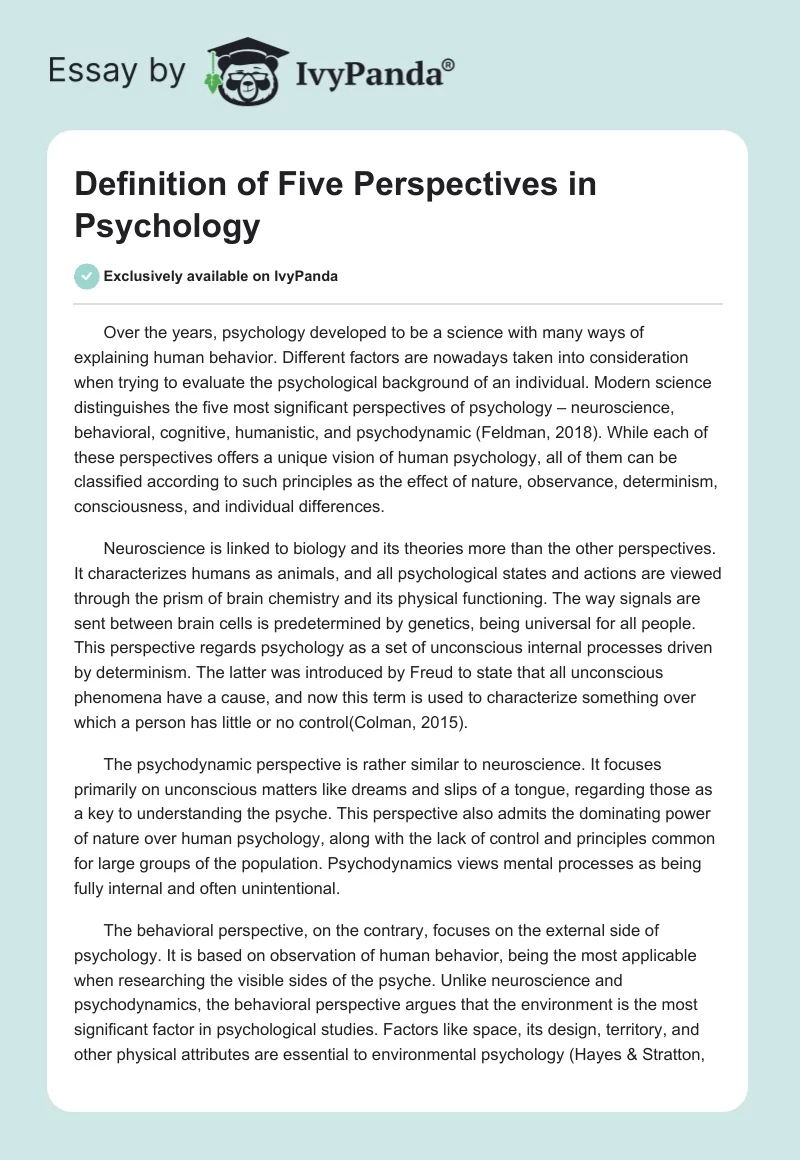 Definition of Five Perspectives in Psychology. Page 1