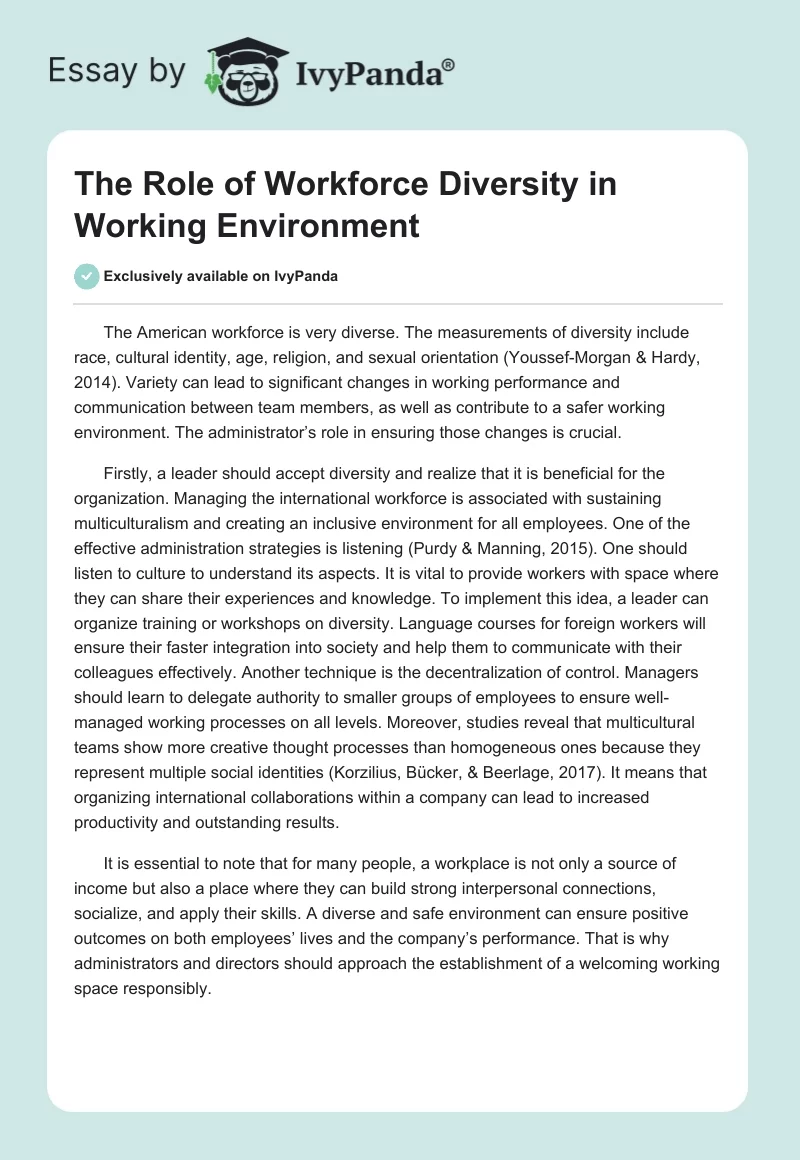 The Role of Workforce Diversity in Working Environment. Page 1