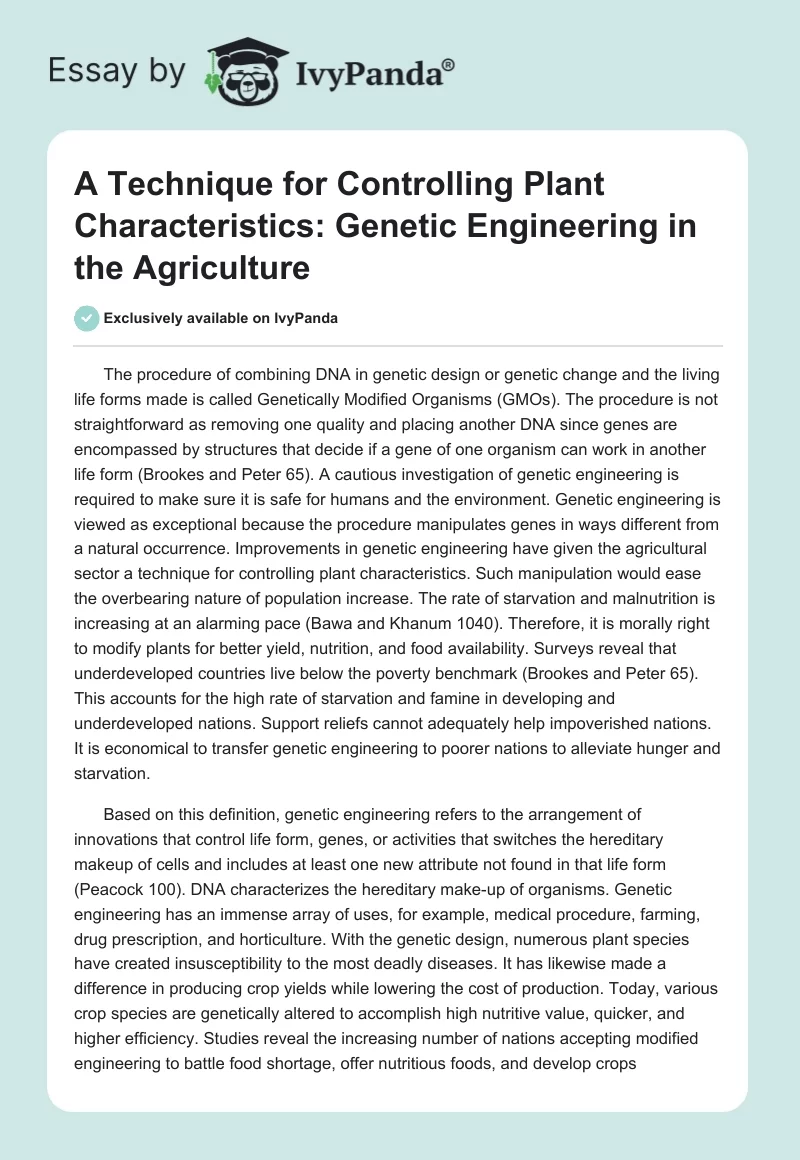 A Technique for Controlling Plant Characteristics: Genetic Engineering in the Agriculture. Page 1