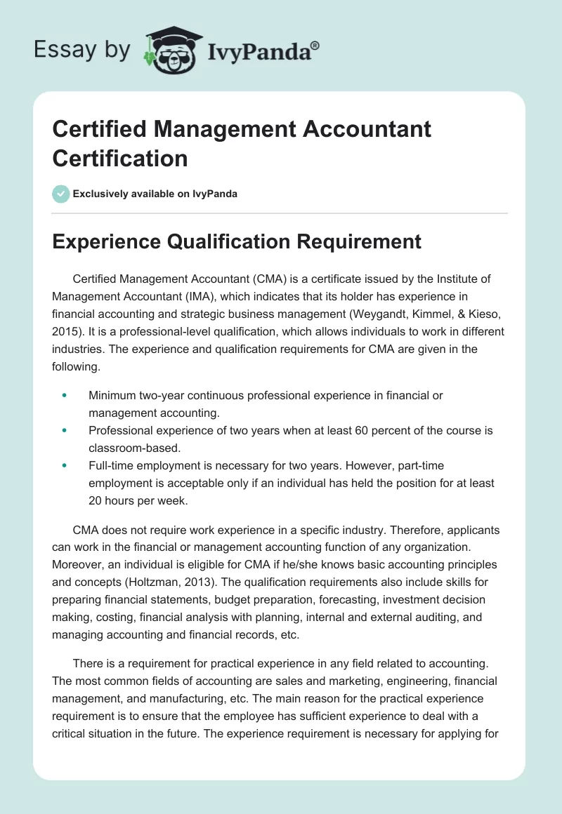 Certified Management Accountant Certification. Page 1