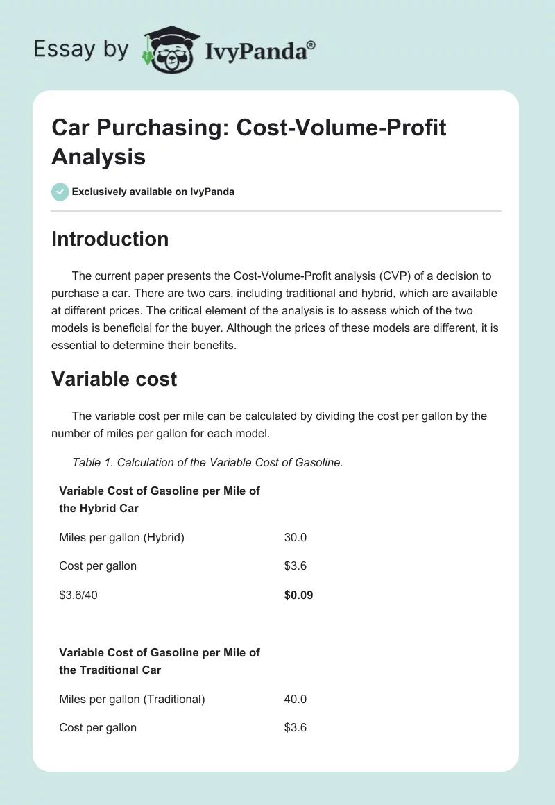 Car Purchasing: Cost-Volume-Profit Analysis. Page 1