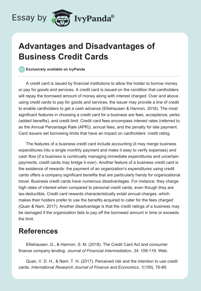 Advantages and Disadvantages of Business Credit Cards. Page 1