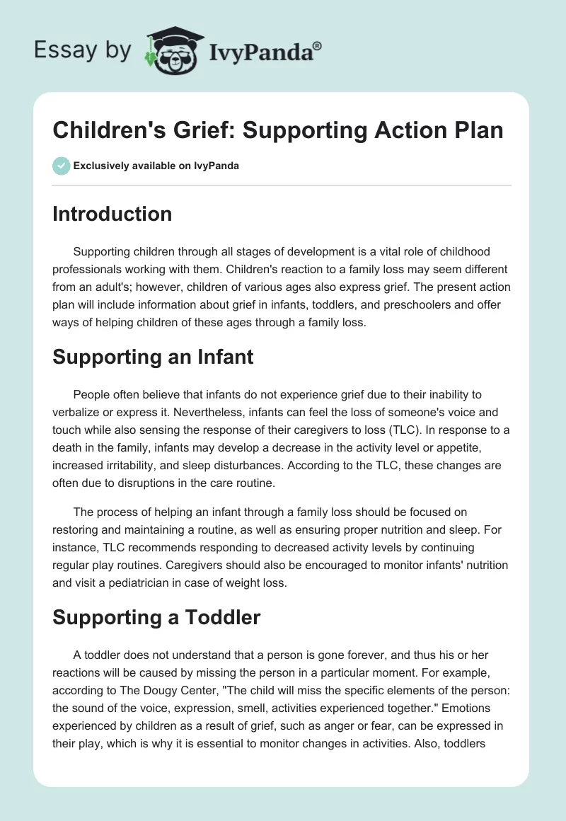 Children's Grief: Supporting Action Plan. Page 1