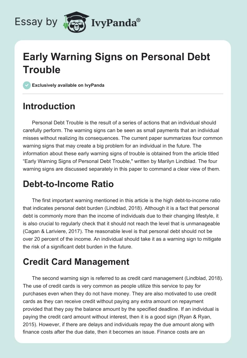 Early Warning Signs on Personal Debt Trouble. Page 1