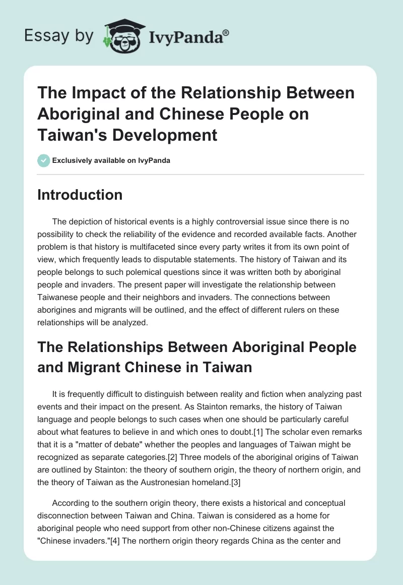 The Impact of the Relationship Between Aboriginal and Chinese People on Taiwan's Development. Page 1