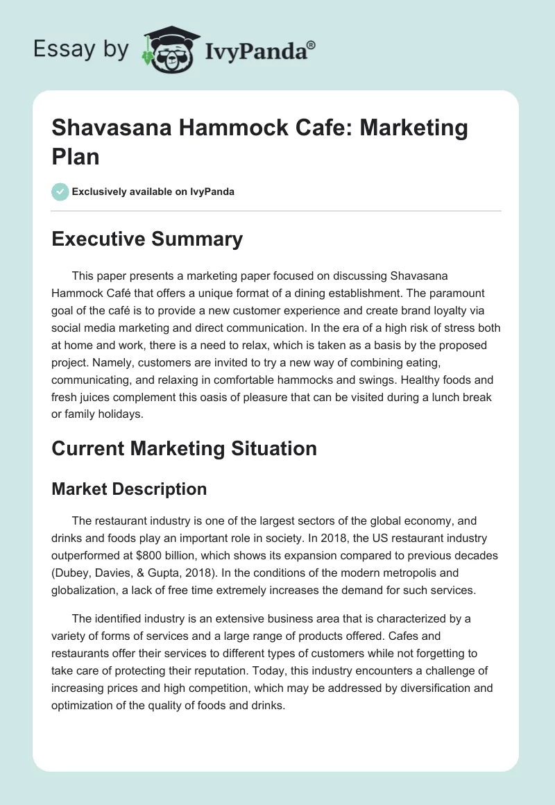 Shavasana Hammock Cafe: Marketing Plan. Page 1