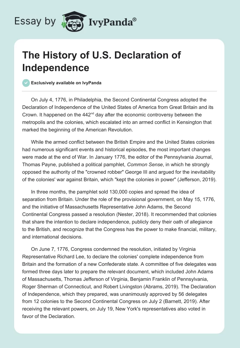 The History of U.S. Declaration of Independence. Page 1