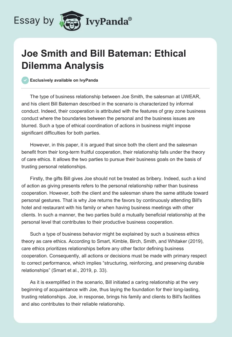 Joe Smith and Bill Bateman: Ethical Dilemma Analysis. Page 1