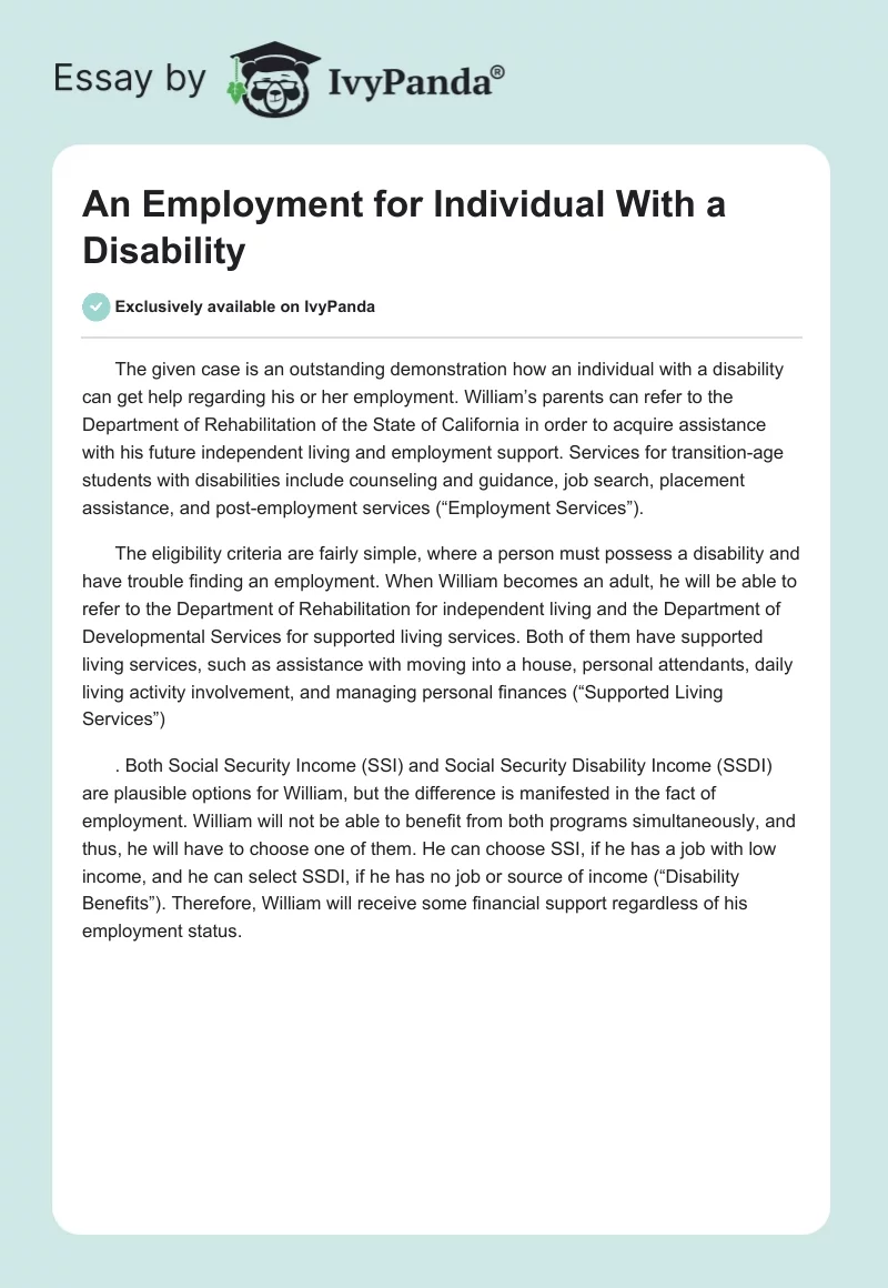 An Employment for Individual With a Disability. Page 1