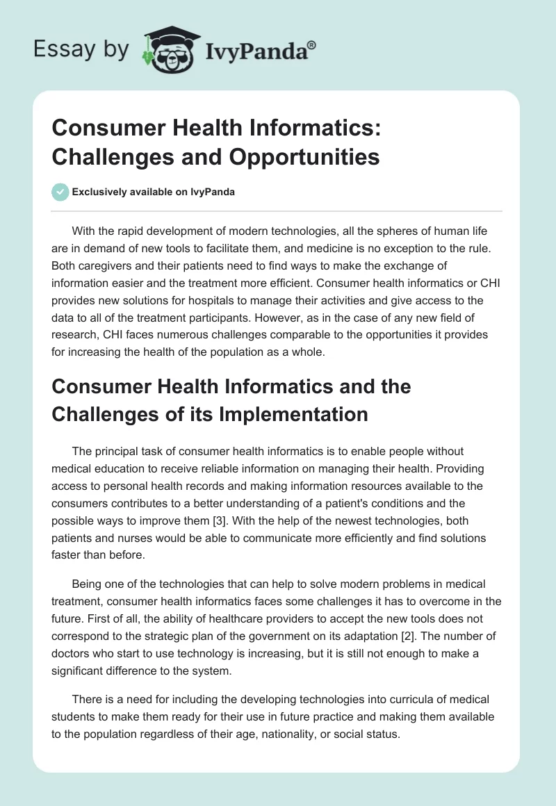 Consumer Health Informatics: Challenges and Opportunities. Page 1