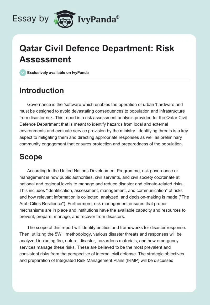 Qatar Civil Defence Department: Risk Assessment. Page 1