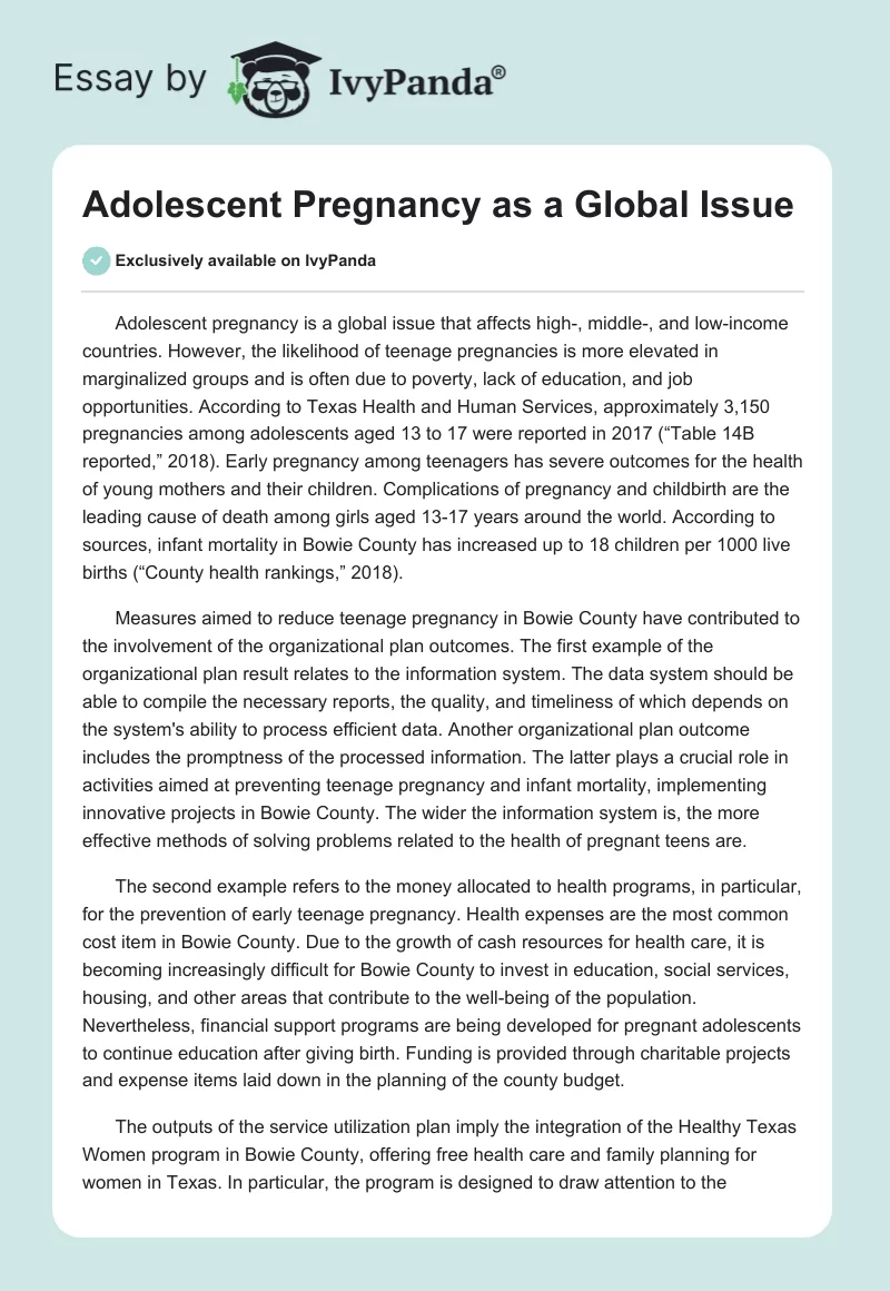 Adolescent Pregnancy as a Global Issue. Page 1