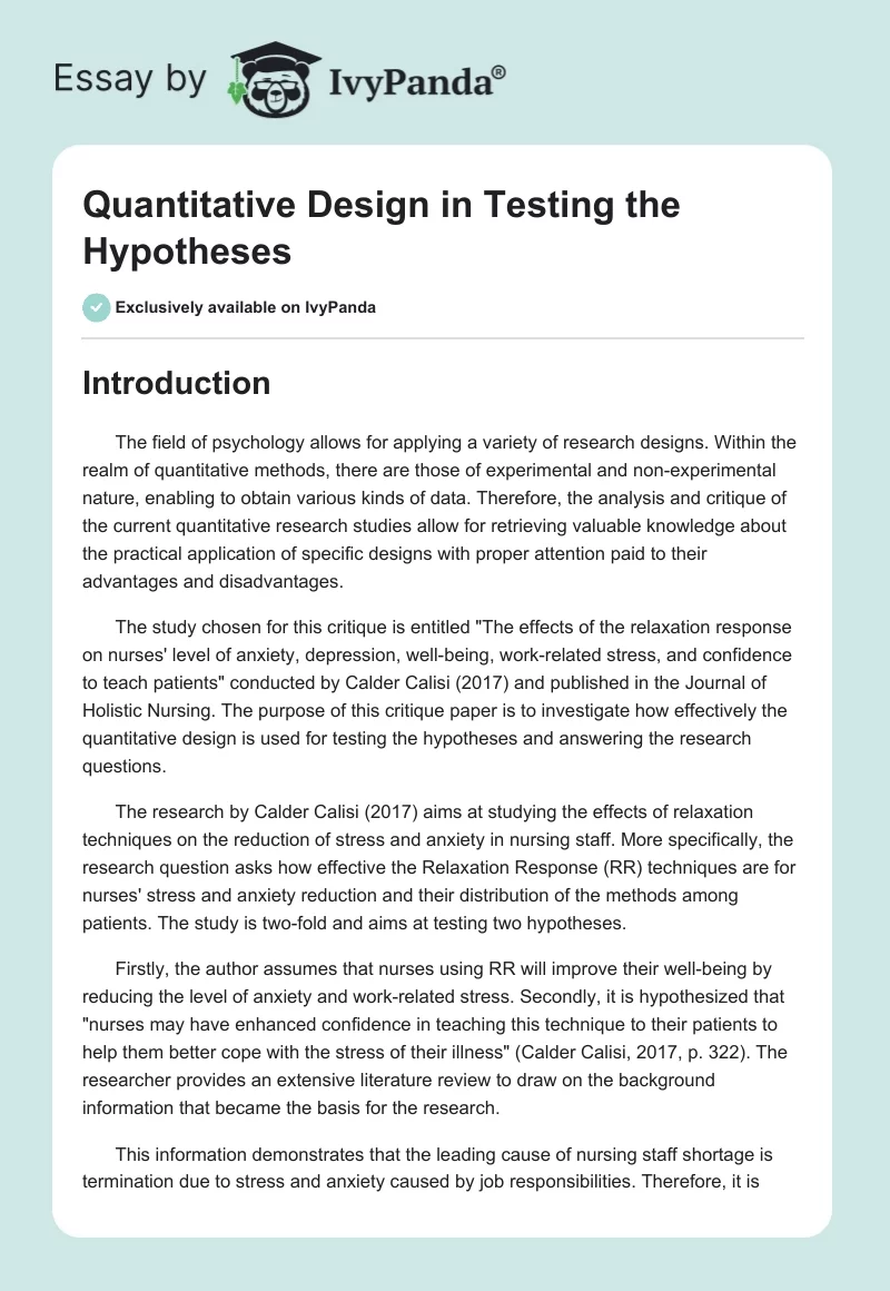 Quantitative Design in Testing the Hypotheses. Page 1