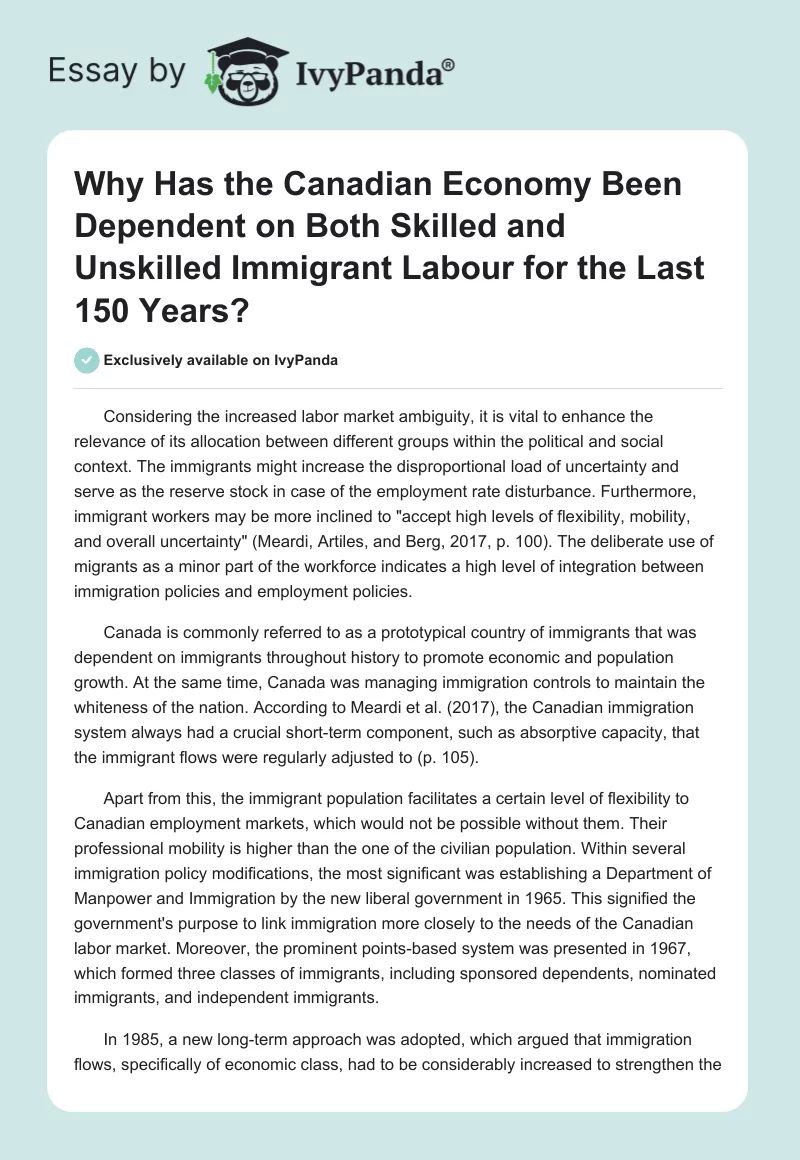 Why Has the Canadian Economy Been Dependent on Both Skilled and Unskilled Immigrant Labour for the Last 150 Years?. Page 1
