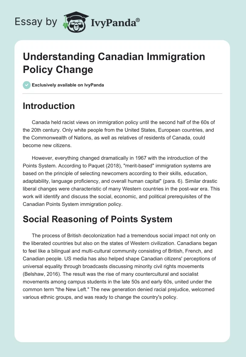 Understanding Canadian Immigration Policy Change. Page 1