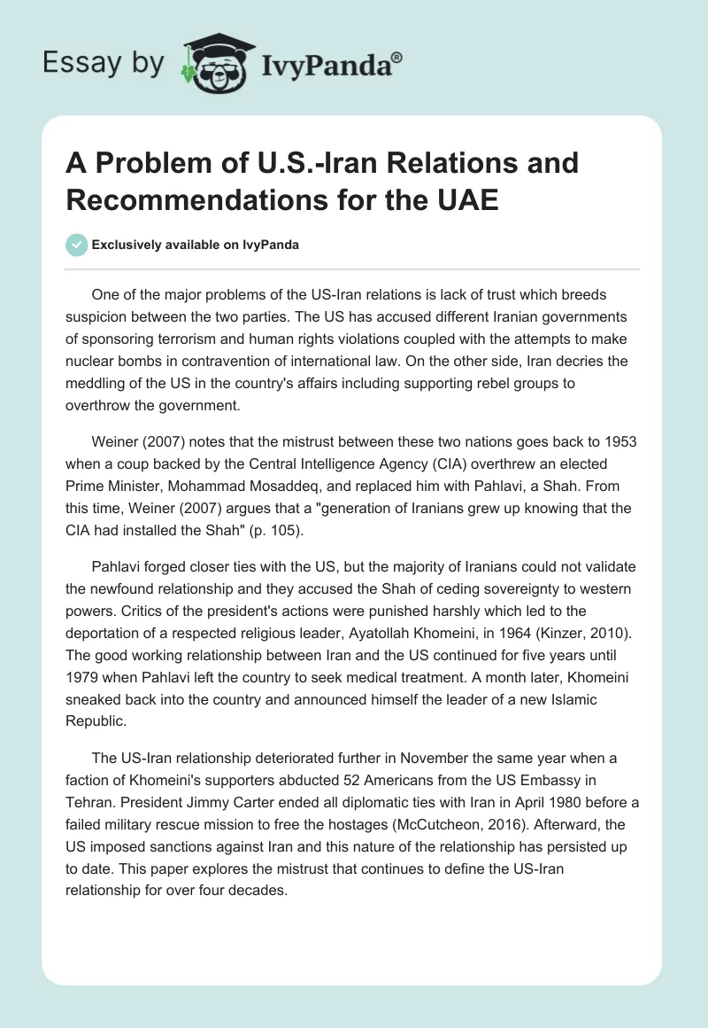 A Problem of U.S.-Iran Relations and Recommendations for the UAE. Page 1