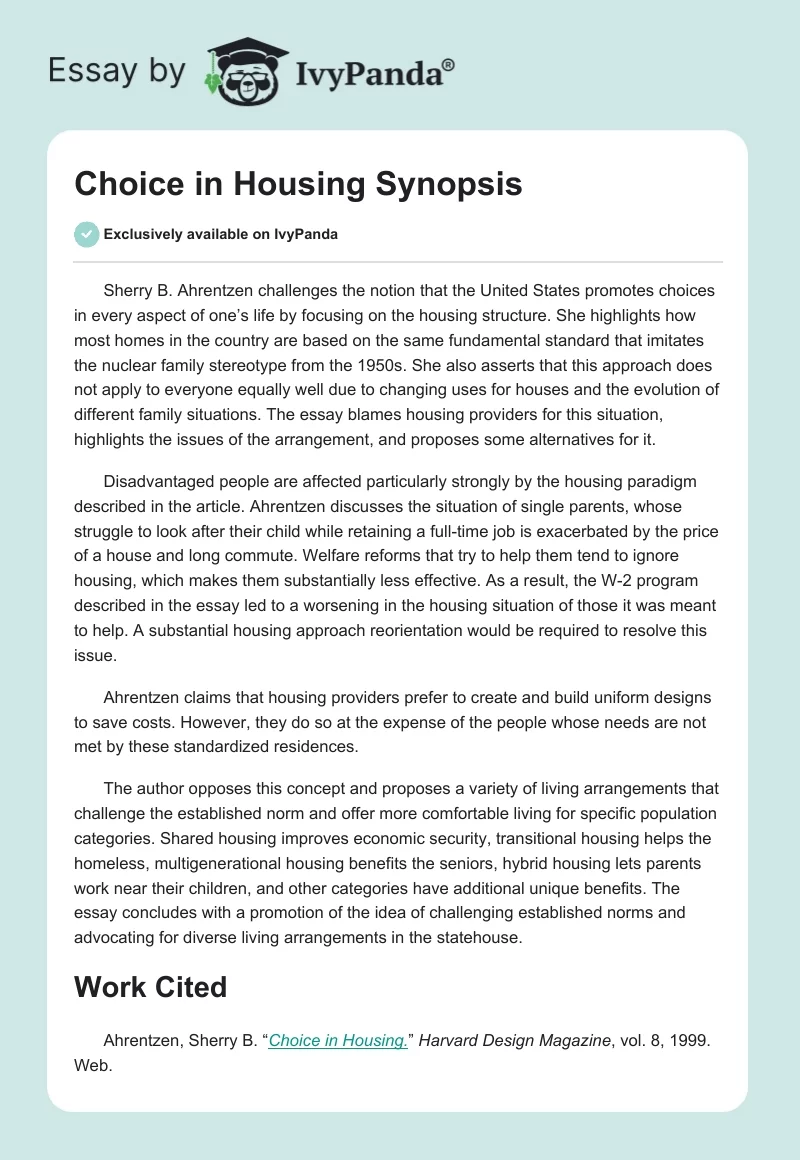 Choice in Housing Synopsis. Page 1