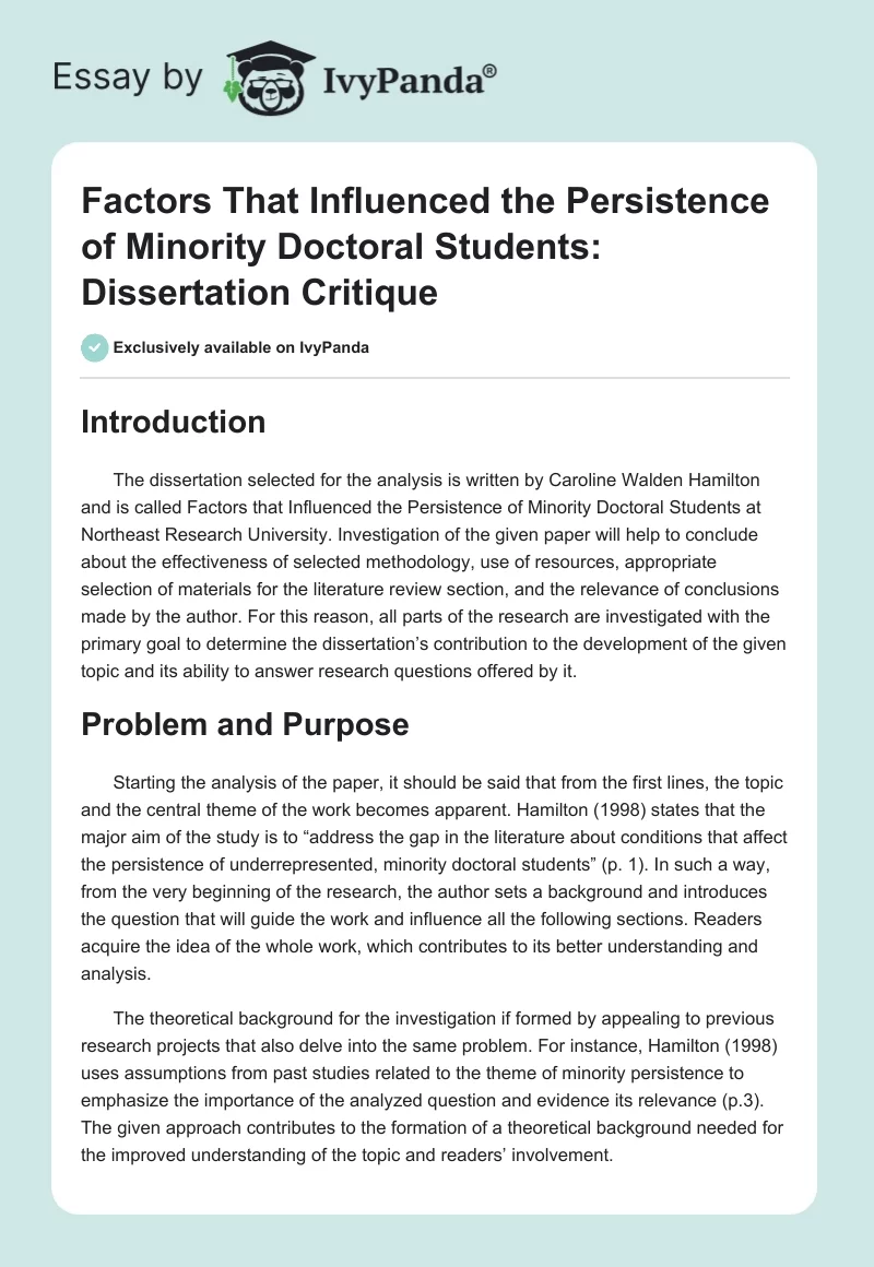 Factors That Influenced the Persistence of Minority Doctoral Students: Dissertation Critique. Page 1