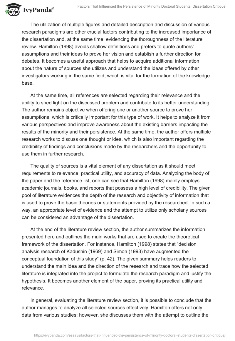 Factors That Influenced the Persistence of Minority Doctoral Students: Dissertation Critique. Page 4