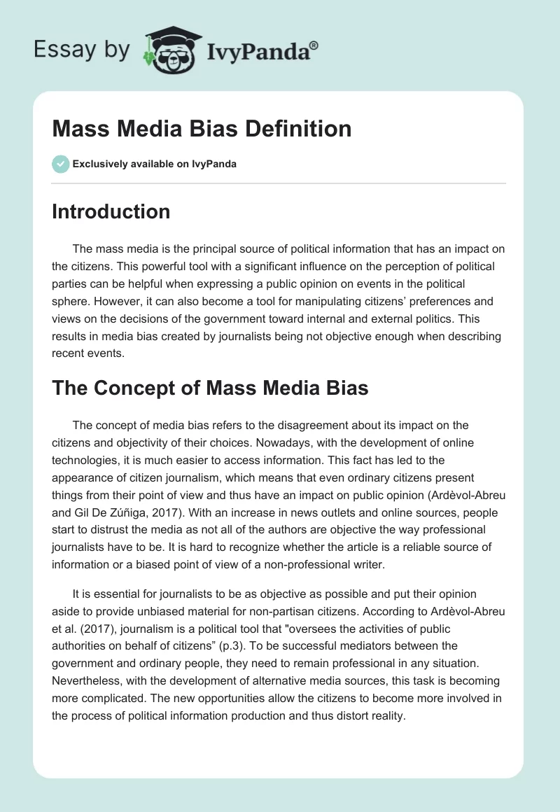 Mass Media Bias Definition - 1104 Words | Essay Example