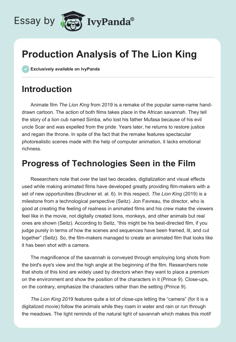Production Analysis of The Lion King. Page 1