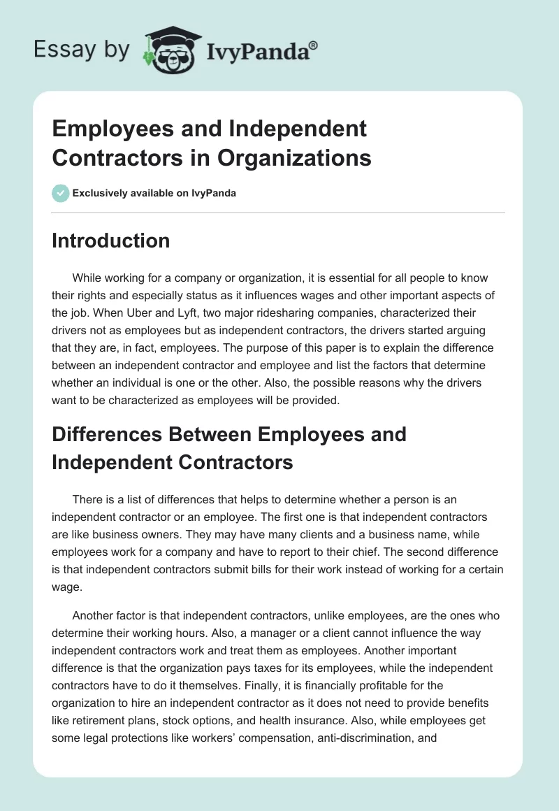 Employees and Independent Contractors in Organizations. Page 1