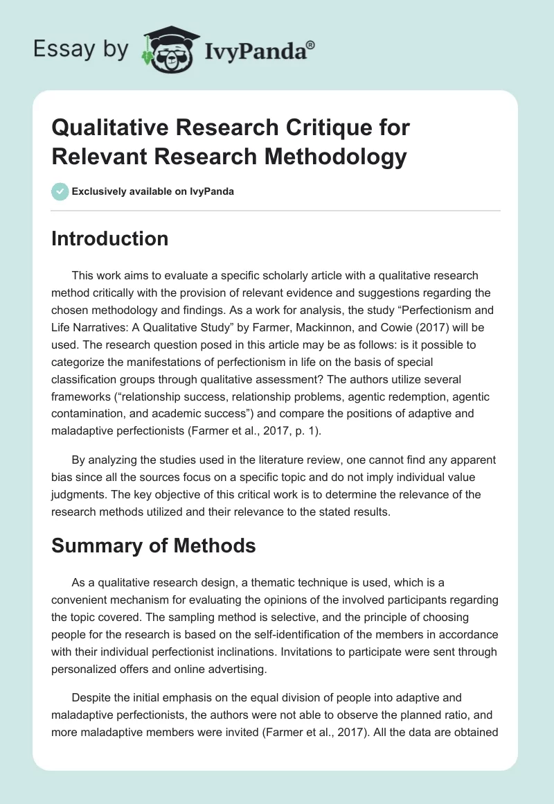 Qualitative Research Critique for Relevant Research Methodology. Page 1