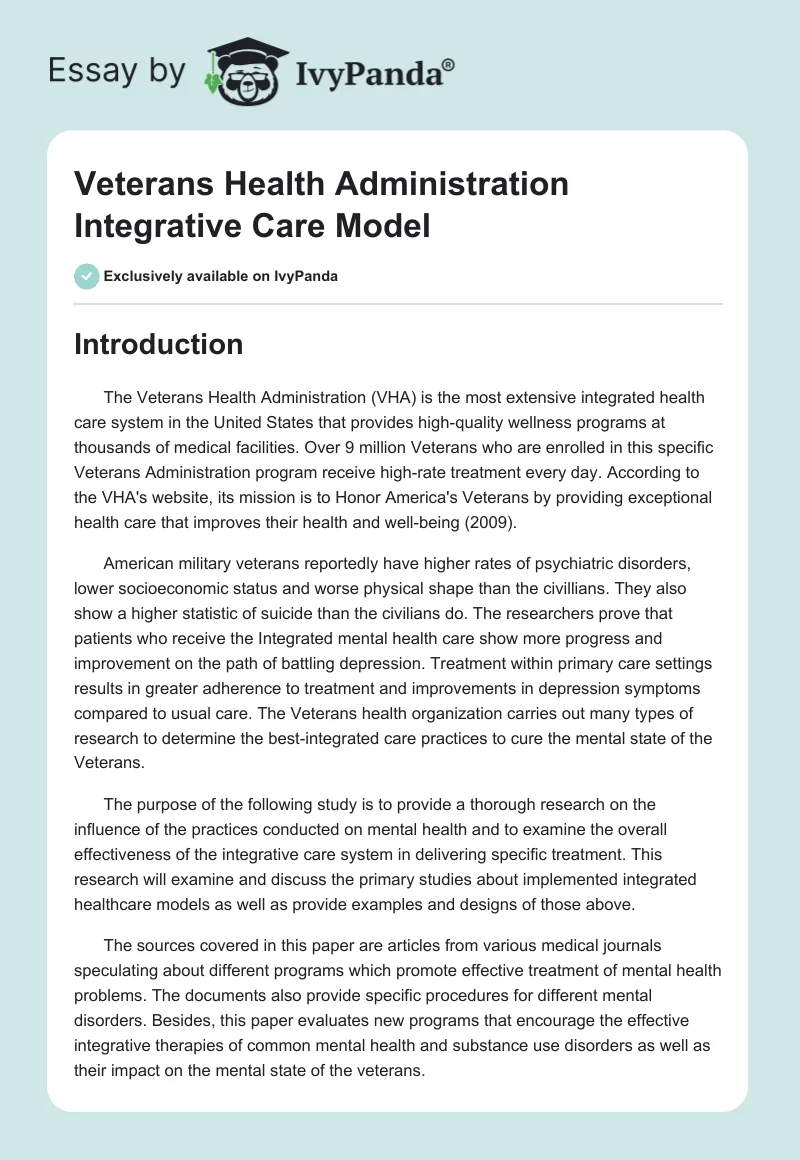 Veterans Health Administration Integrative Care Model. Page 1