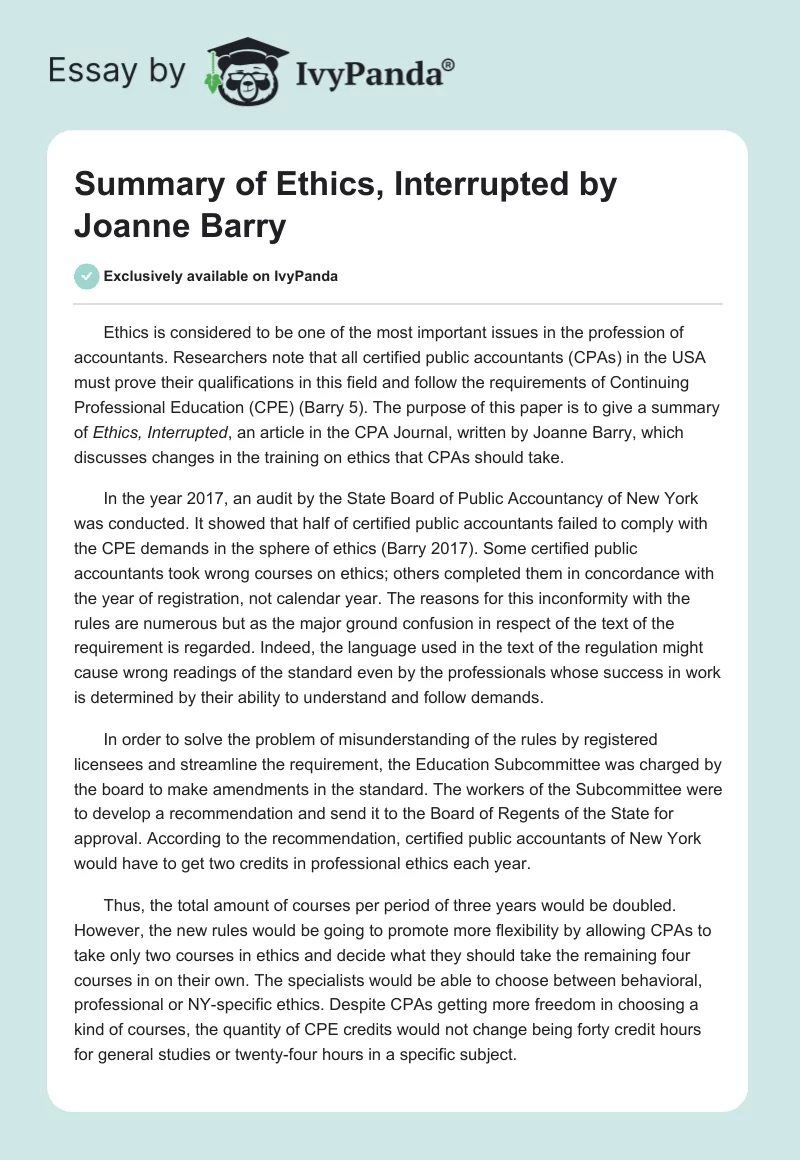 Summary of Ethics, Interrupted by Joanne Barry. Page 1