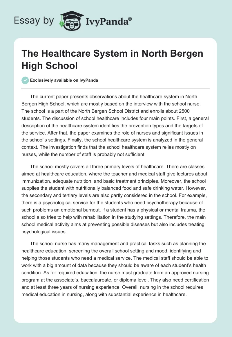 The Healthcare System in North Bergen High School. Page 1