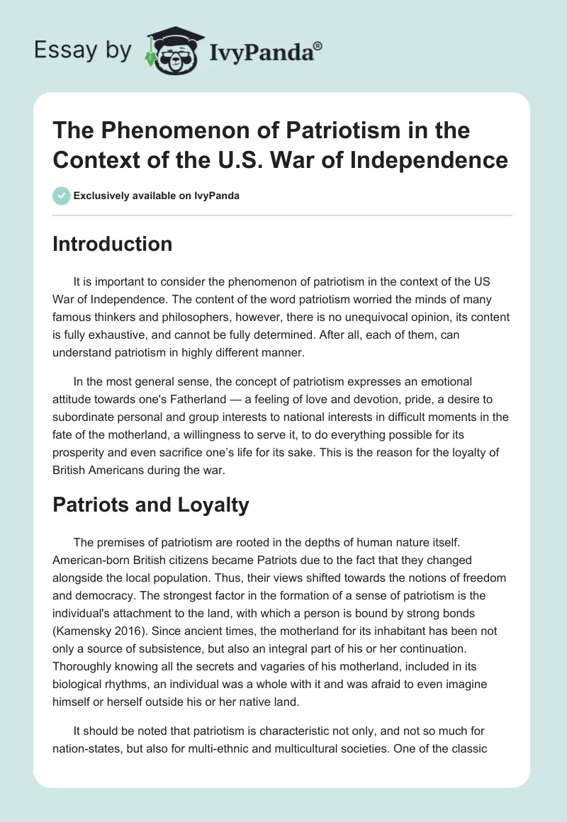 The Phenomenon of Patriotism in the Context of the U.S. War of Independence. Page 1