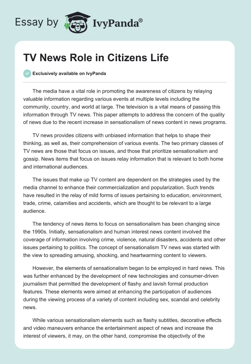TV News Role in Citizens Life. Page 1