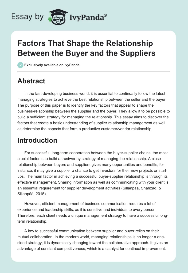 Factors That Shape the Relationship Between the Buyer and the Suppliers. Page 1