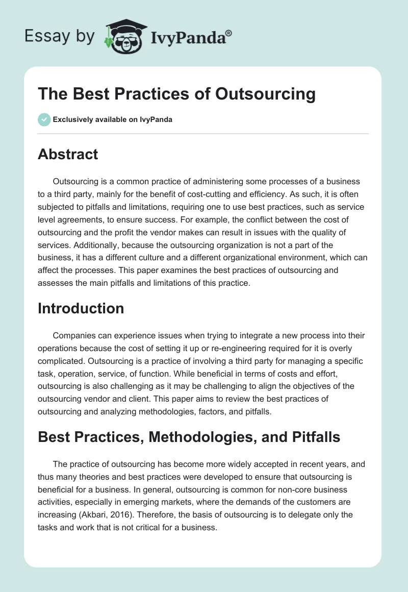 The Best Practices of Outsourcing. Page 1