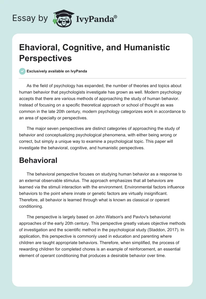 Ehavioral, Cognitive, and Humanistic Perspectives. Page 1