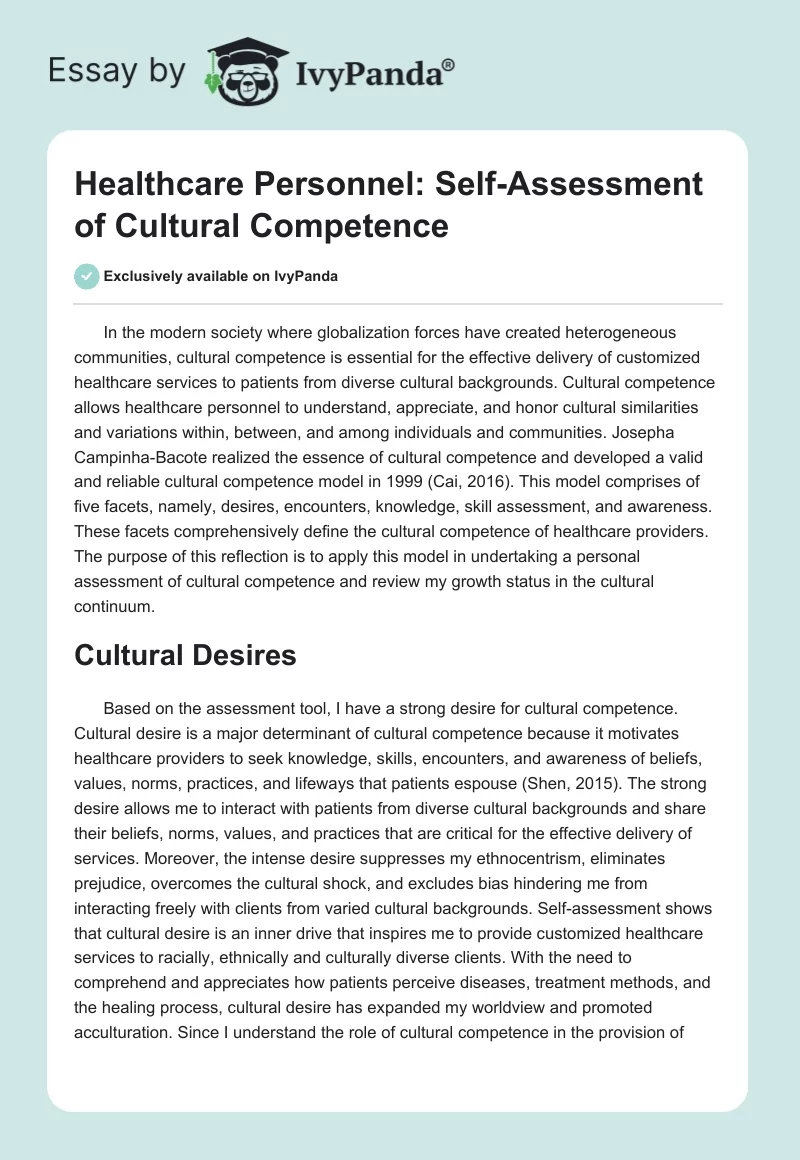Healthcare Personnel: Self-Assessment of Cultural Competence. Page 1