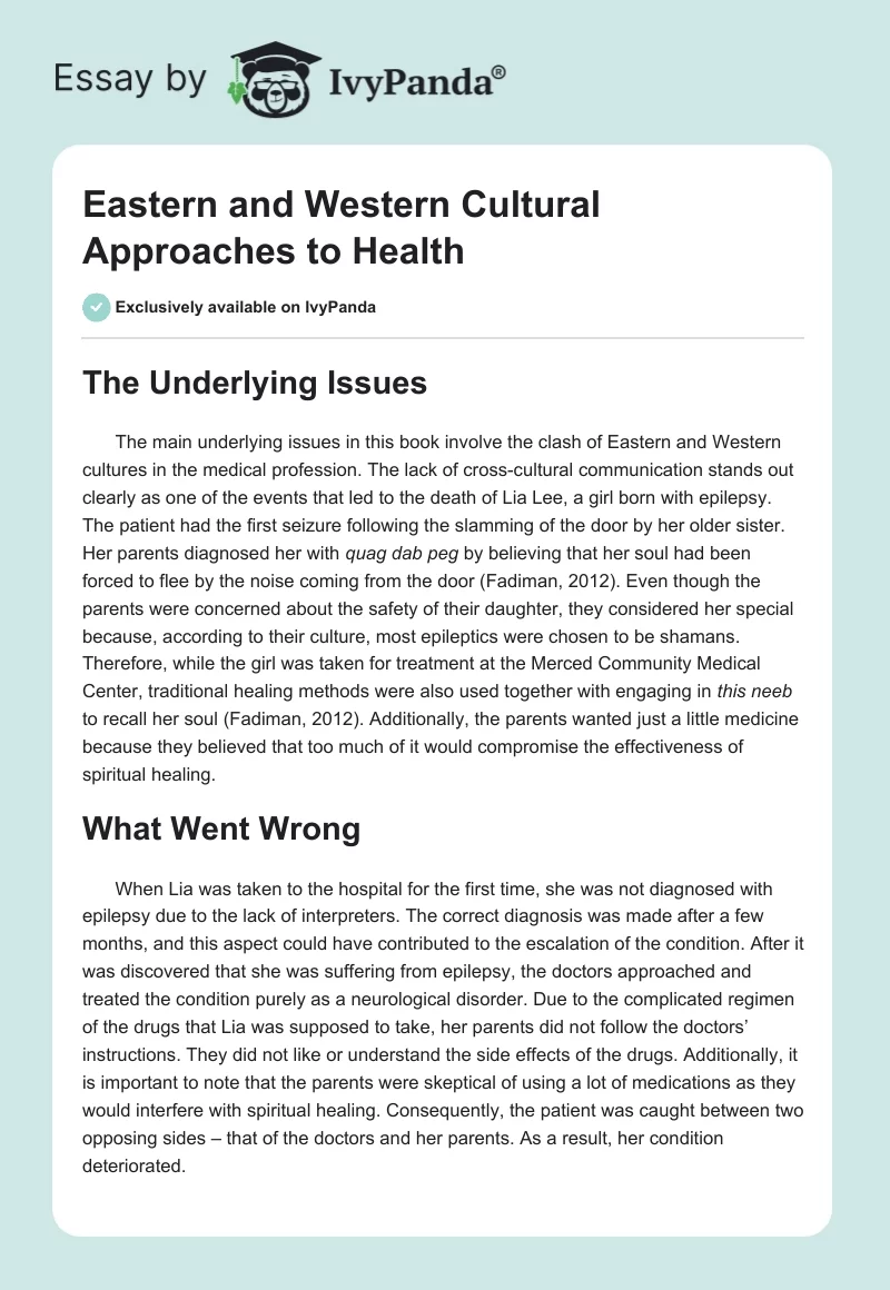 Eastern and Western Cultural Approaches to Health. Page 1