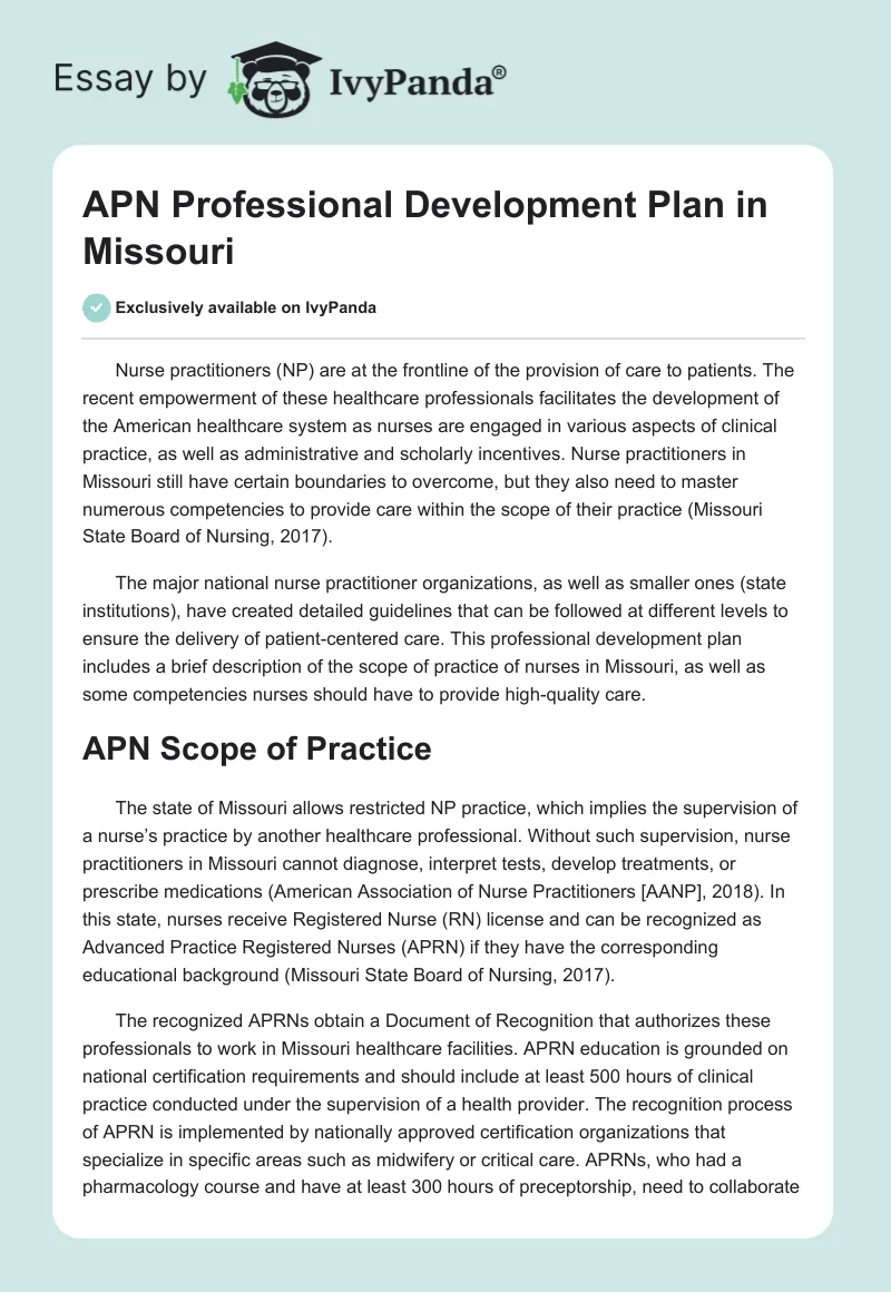 APN Professional Development Plan in Missouri. Page 1