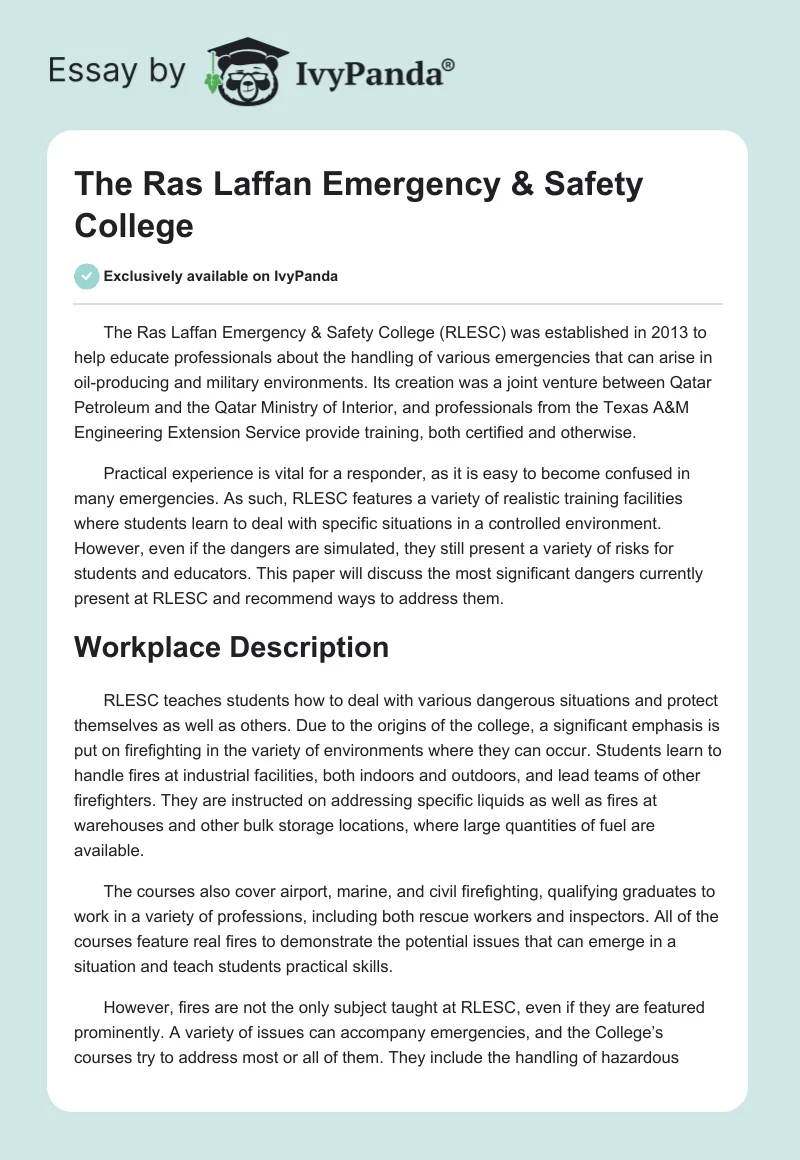 The Ras Laffan Emergency & Safety College. Page 1