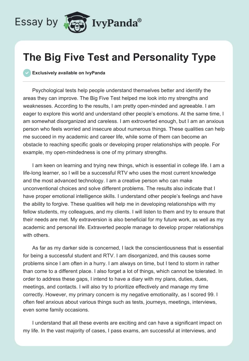 The Big Five Test and Personality Type. Page 1