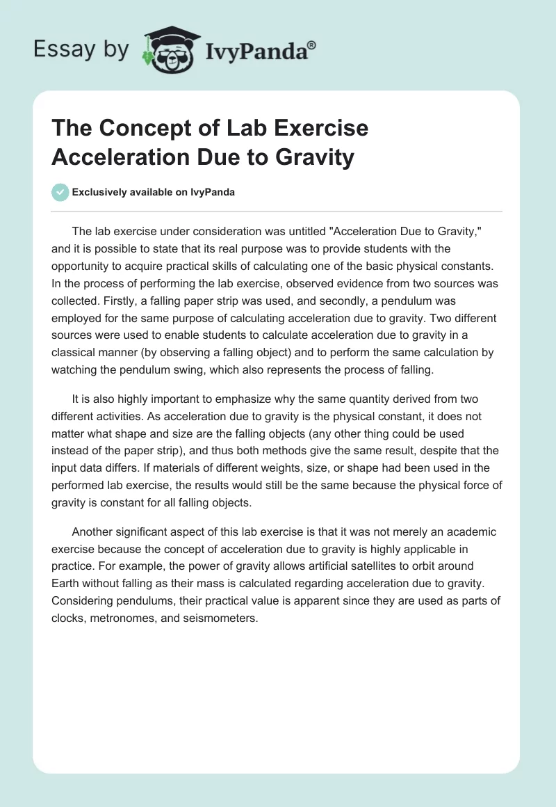 The Concept of Lab Exercise "Acceleration Due to Gravity". Page 1