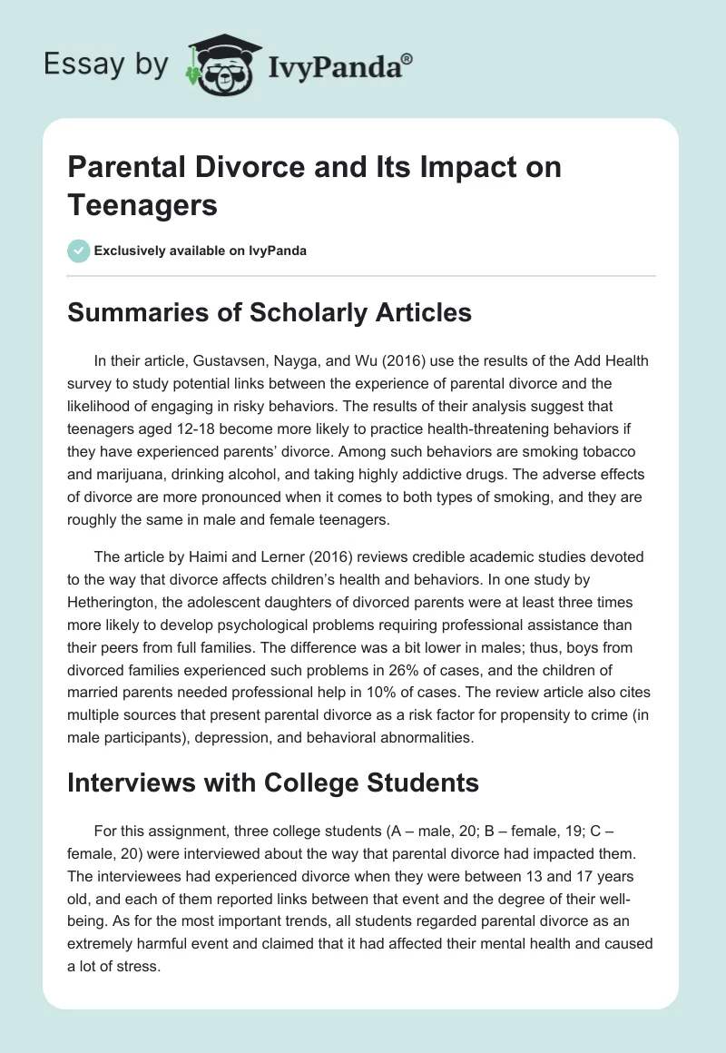 Parental Divorce and Its Impact on Teenagers. Page 1