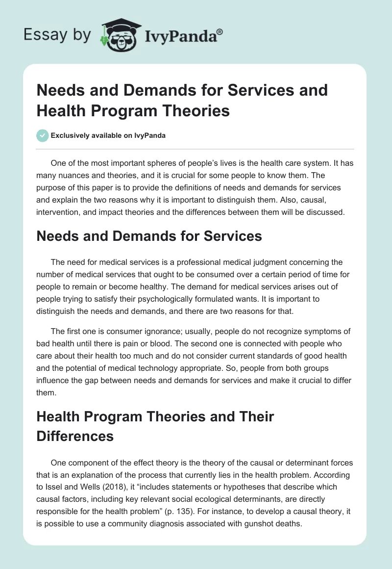 Needs and Demands for Services and Health Program Theories. Page 1